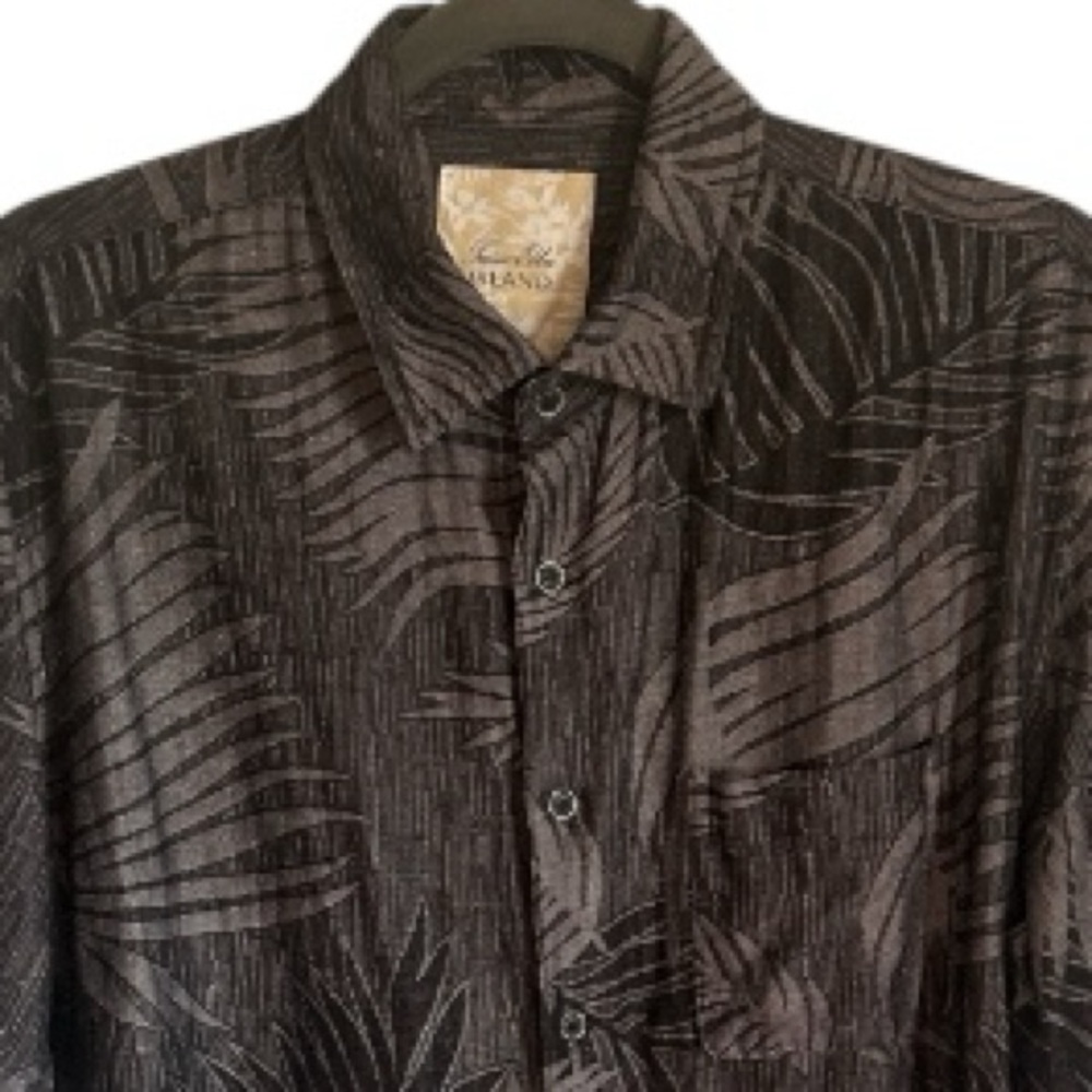Tasso Elba Island Shirt Mens L Black Gray Silk Linen Tropical Palm Leaf Print